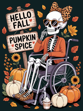 Skeleton in Wheelchair Hello Fall Pumpkin Spice Autumn Inclusive Art