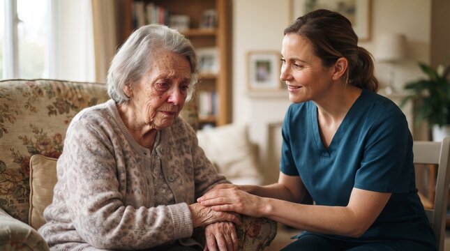Compassionate Caregiver Supporting Lonely Elderly Person at Home