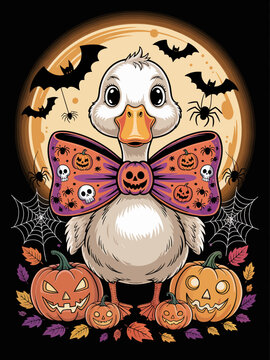 Cute Halloween Duckling Bow Tie Pumpkins Bats Full Moon Design