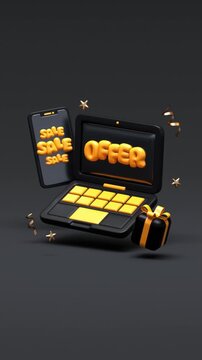 Animated 3d render for black friday online shopping sales. A floating laptop, phone, and gift box showing sale and offer messages