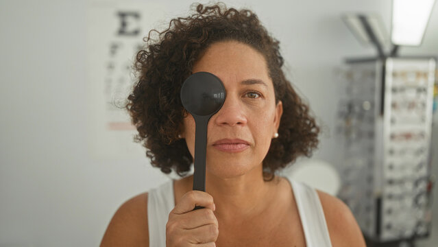 Woman holds occluder to eye during a vision test with eyechart and glasses display visible in optician clinic building; calm confidence.