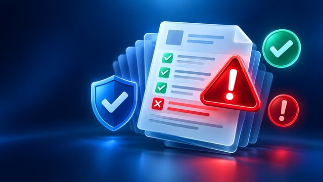 Digital document stack with red warning triangle and blue security shield symbolizing compliance audit and file verification error
