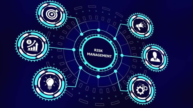 Dynamic risk management digital interface featuring animated hud financial growth graphs, strategic planning and cyber security network connectivity for modern corporate business presentations