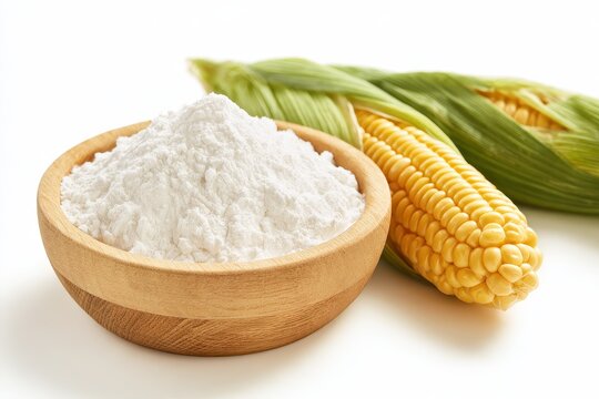 Studio photograph of cornstarch in a wooden bowl beside fresh corn