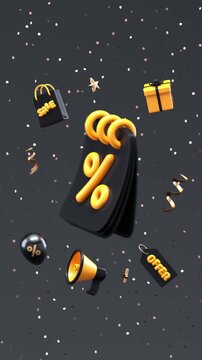 Animated 3d rendering for a black friday sales event. Floating elements like a gift box, shopping bag, and megaphone surround a spinning calendar