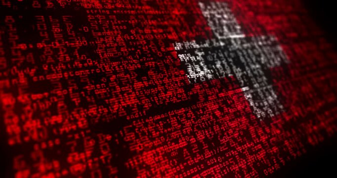 Switzerland flag waving secure code. Swiss blowing banner cyber security attack and hack concept animation.