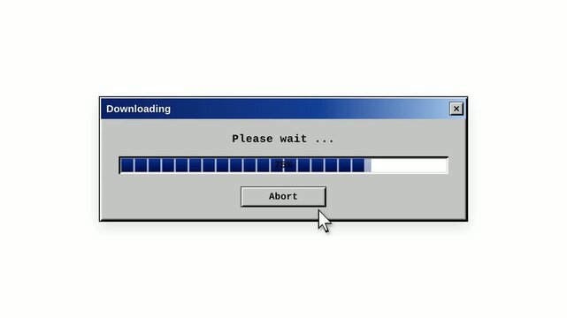 Retro download progress bar dialog box on computer desktop screen interface