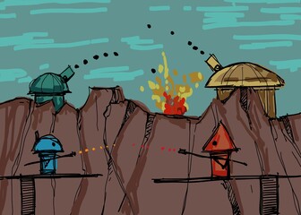 Sketch arcade game level. The picture is painted by hand on a tablet. © neurostructure