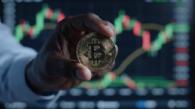 Hand holding golden bitcoin coin against digital stock market trading chart background cryptocurrency