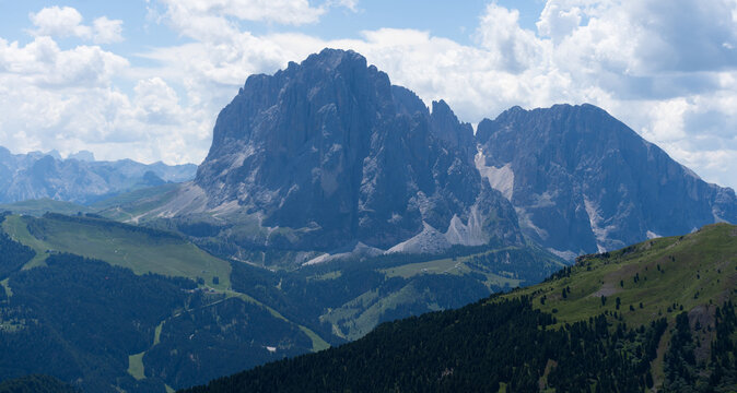 Panoramic view of the mountain. Italian Dolomites. Alpe di Cisles, Seceda Ridgeline, Dolomiti , Pieralongia, Col Raiser