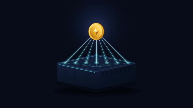A futuristic isometric neon device projects a glowing gold coin through converging energy beams, representing digital finance, wealth, rewards, fintech technology, and value generation.