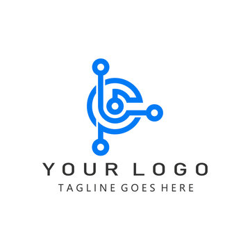 Creative blue technology circuit node logo design forming letter C shape representing digital network connectivity data communication smart tech solutions cloud computing database vector icon.