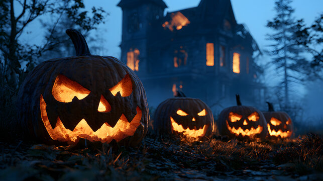 Eye-level twilight stock shot of a row of carved grinning pumpkins glowing brightly on a overgrown lawn, an eerie abandoned haunted house with lit broken windows in the misty background.