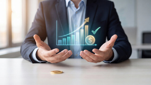 Business revenue and profit increase concept, businessman presenting exponential bar graph with rising arrow and dollar coin hologram for finance forecast, sales performance and investment ROI