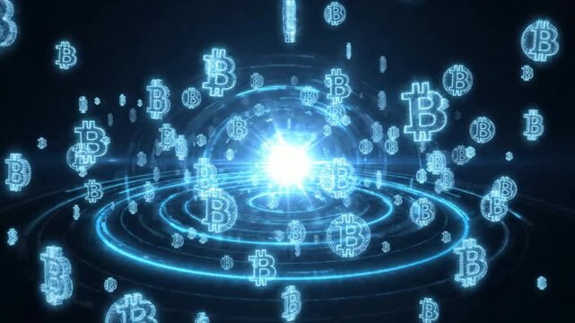 Bitcoin cryptocurrency digital network background: glowing blue blockchain technology animation with floating symbols