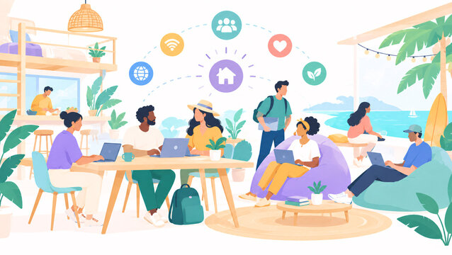 Nomad co-living co-working community flat vector art