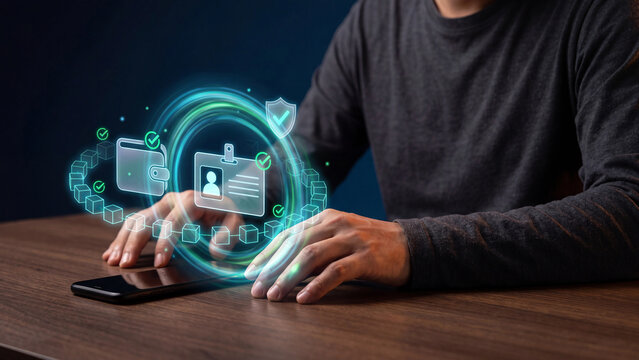 Decentralized digital identity wallet concept, man with smartphone and digital wallet, ID badge and shield hologram linked by ledger chain for identity verification, privacy and KYC trust