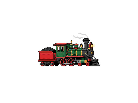 Colorful Vintage Christmas Steam Locomotive With Red Tender And Green Engine Isolated Vector Illustration