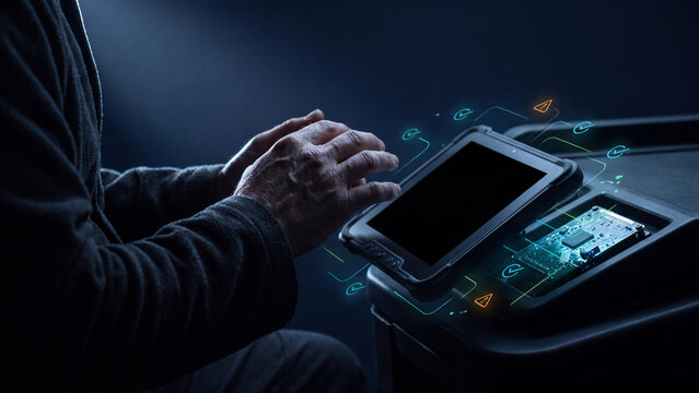 Device diagnostic and firmware update concept, specialist using rugged tablet connected to circuit board module with warning and approval check hologram for embedded IoT system testing