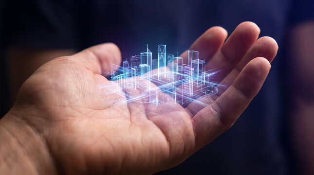 A human hand holding a glowing futuristic holographic city model in a dark digital space