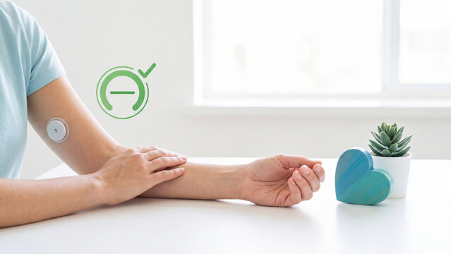 Diabetes glucose sensor concept, woman with CGM patch on arm and stable level gauge check beside wooden heart for blood sugar monitoring, chronic diabetes management and healthy lifestyle