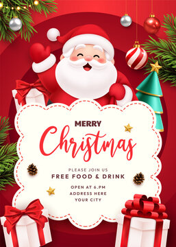 Merry Christmas Invitation Poster with Santa Claus, Christmas Tree and Gift Boxes, A4 Printable Holiday Template