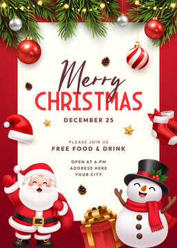 Merry Christmas Event Invitation Poster with Santa Claus and Snowman, Holiday Celebration A4 Printable Template