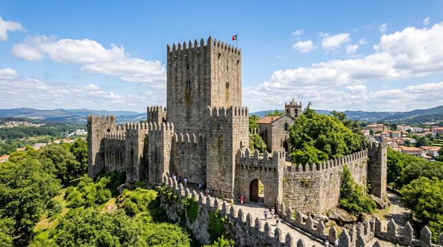 Medieval castle fortress on a hill, historic architecture, ancient stone ramparts, blue sky