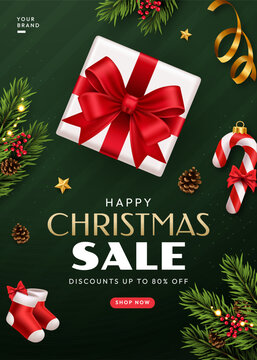 Merry Christmas Sale Poster with Gift Box, Pine Branches and Holiday Discount, A4 Printable Shopping Promotion