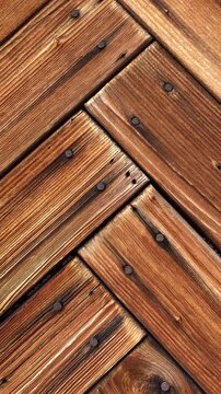 Vertical orientation close up camera tracks downward over old brown wooden planks arranged in herringbone pattern in slow motion