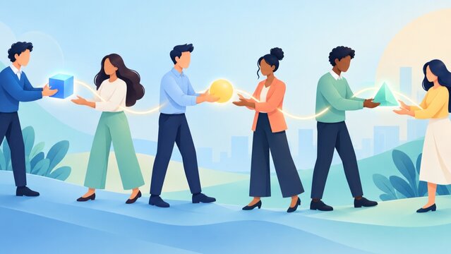 アイデアの電球を渡し合うビジネスパーソンの知識共有のフラットイラスト