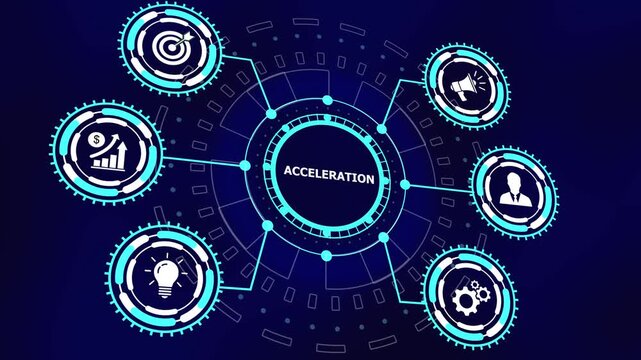 Dynamic business acceleration concept with interactive hud interface, digital infographic corporate growth strategy visualization, futuristic technology network, and data analytics motion