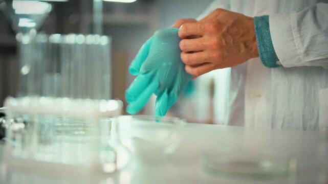 A researcher in a laboratory carefully dons nitrile protective gloves before pulling on full protective clothing, ensuring safety while preparing for precise experiments. Under sterile lab conditions