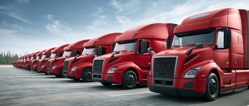 Power and scale of modern freight logistics a bold fleet of matching red semitrucks lined up on an open lot, conveying industry strength, supply chain reliability, and commercial transport.