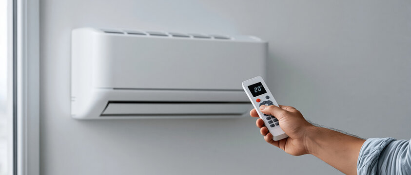 Smart home comfort concept person adjusting a modern white mini split AC unit via remote control. Ideal for HVAC service ads, energy efficiency campaigns, and interior climate articles.
