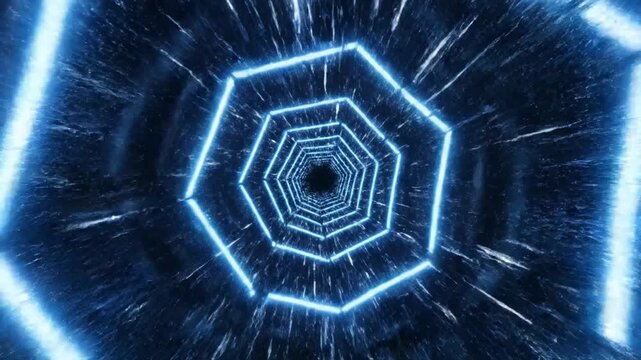 Futuristic blue neon hexagon tunnel speed motion background, sci-fi hyperspace warp jump animation neon tunnel