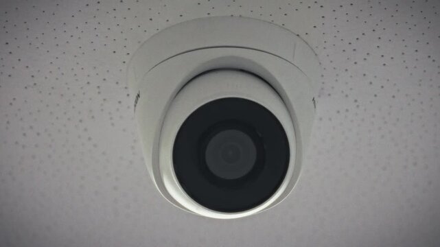 A surveillance camera with a wide-angle objective covers the passage between rooms from a white tiled ceiling. Concept of smart building security and professional video monitoring systems