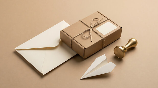 Craft Kraft Paper Parcel Box Tied with Twine, White Envelope, Brass Wax Seal Stamp, and Paper Airplane on Neutral Beige Background