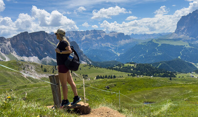 Obraz premium hiking in the mountains, The dolomites, Val Gardena, Italy 