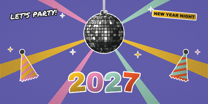 Disco mirror ball New Year night party banner. Let's party 2027 retro greeting card with colorful light beams, party hats and sparkles on purple halftone background for flyer, poster. Vector