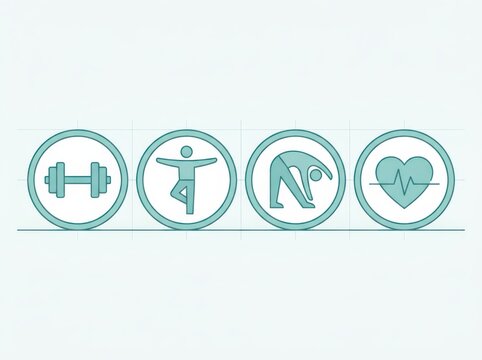 Fitness and wellness icon set for exercise balance and heart health