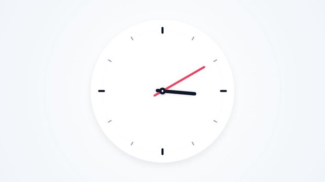 Simple white clock face with black hour markers and red second hand.