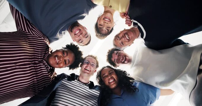 University students, face and friends with smile, hug and laugh with professor and bonding together. Low angle, huddle portrait and embrace with happy people, education or support for academic growth