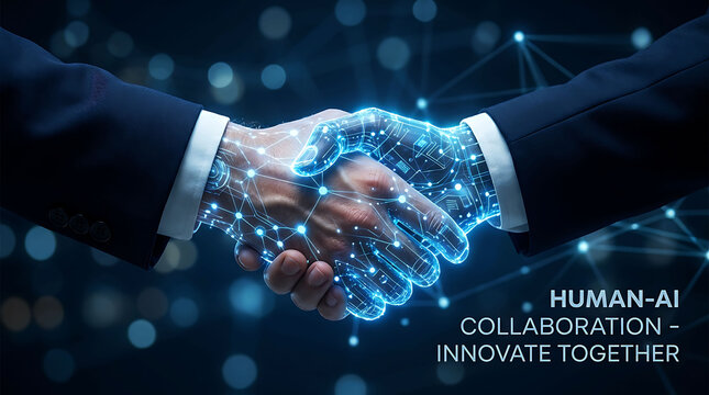 Human and AI Robot Handshake Representing Technological Partnership and Success