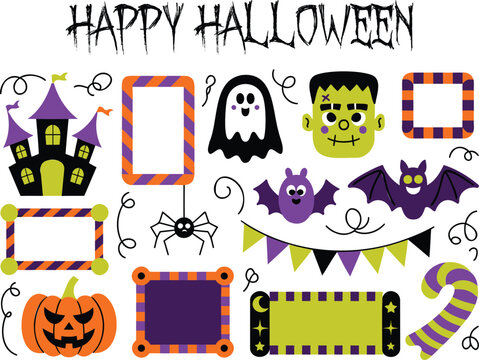 Happy halloween set with haunted castle, ghost, frankenstein, bat, jack-o'-lantern, striped frames, and festive bunting flags