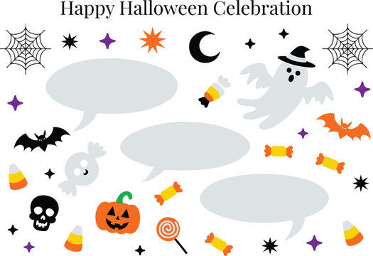Happy halloween celebration, set with ghost, jack-o'-lantern, bats, candy, and speech bubbles on white background