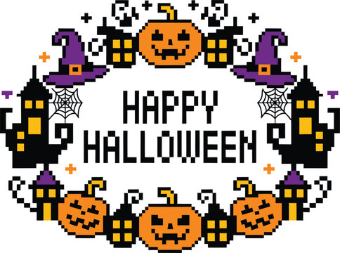 Pixel happy halloween wreath with jack-o'-lanterns, witch hats, haunted houses, and spider webs on a white background