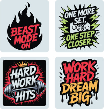 Set of four fitness motivation stickers with bold typography, dumbbells, flames, and comic-style on light gray backgrounds