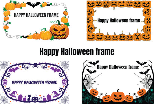 Set of four halloween frames with jack-o'-lanterns, bats, spiders, cobwebs, and witch hats, on white background