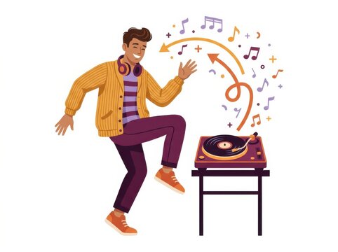 Vinyl dance illustration of a joyful man with turntable music